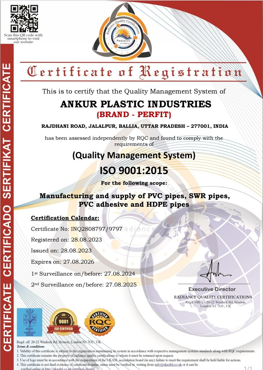 Perfit ISO 9001:2015 Certificate of Registration — Ankur Plastic Industries