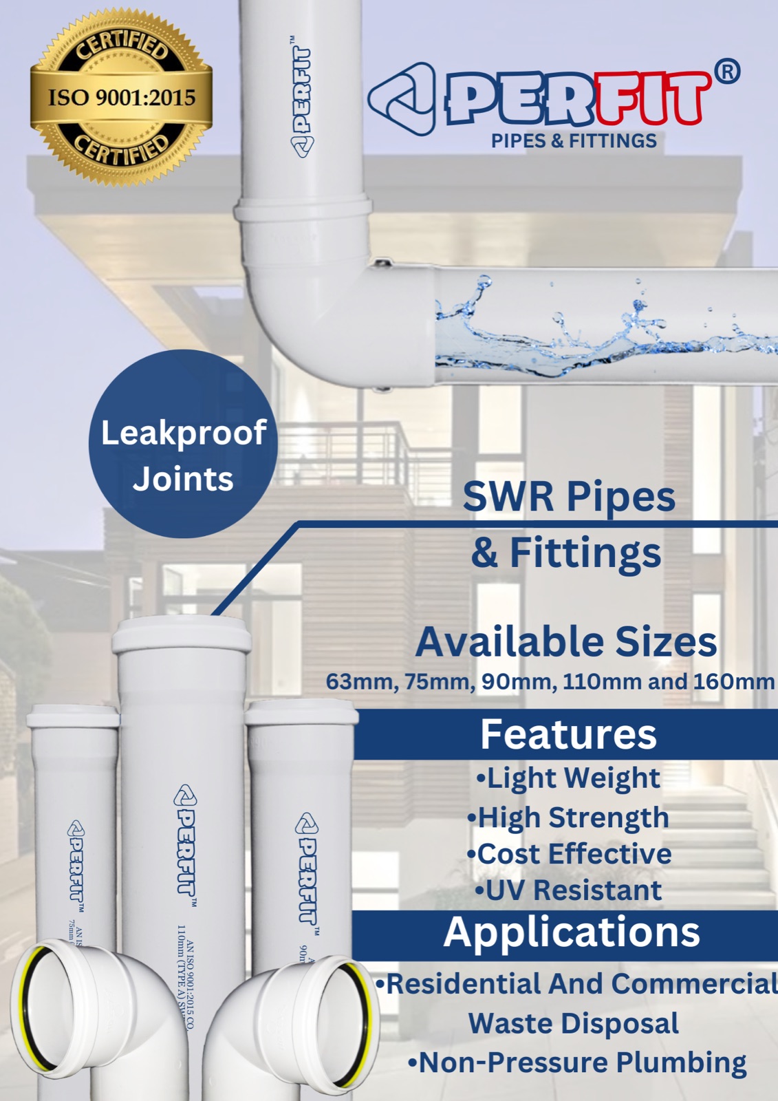 Perfit SWR Pipes & Fittings — leakproof joints, sizes 63mm to 160mm